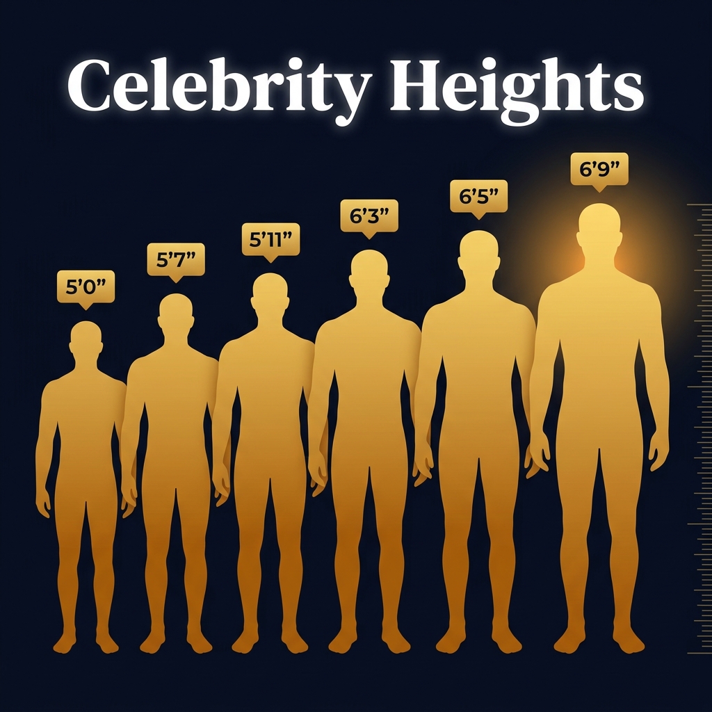 Celebrity heights comparison silhouettes showing Ariana Grande at 5ft, Tom Cruise at 5ft 7in, Taylor Swift at 5ft 11in, Chris Hemsworth at 6ft 3in, Dwayne Johnson at 6ft 5in, and LeBron James at 6ft 9in
