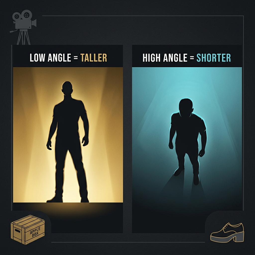Illustration showing how camera angles affect perceived height on screen - low angle makes celebrities appear taller, high angle makes them appear shorter