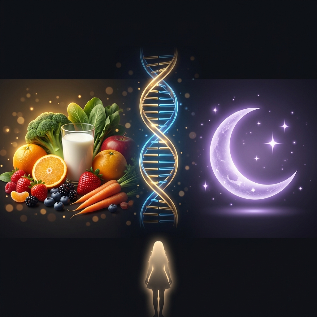 Abstrakte Visualisierung von Ernährung, Genetik und Schlaf im Kindesalter