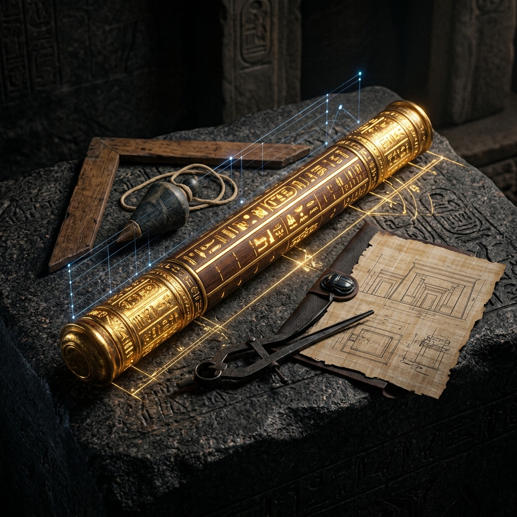 Ancient Egyptian golden cubit rod and blueprints