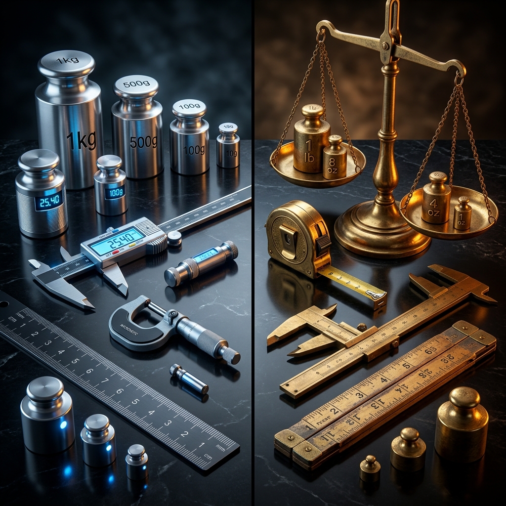 Split screen showing futuristic blue metric tools next to antique brass imperial tools