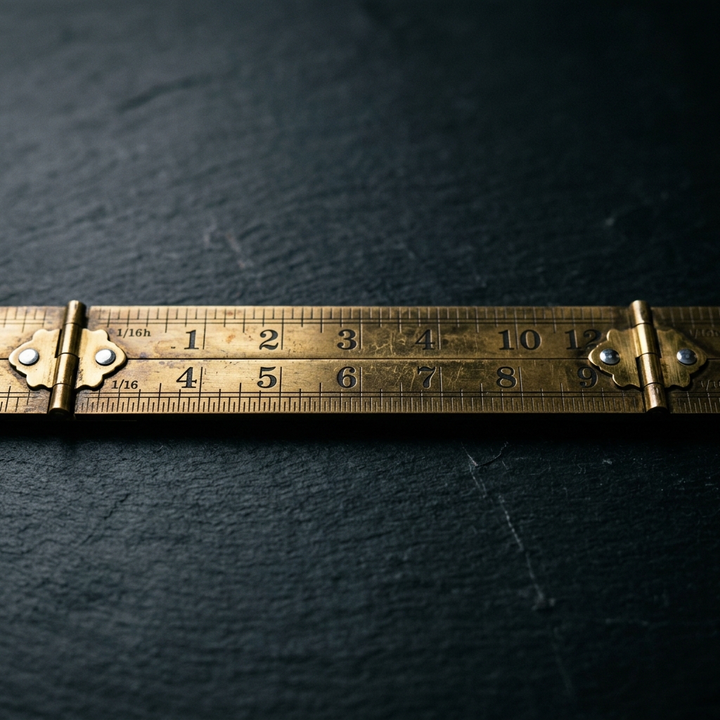 A vintage brass folding 1-foot ruler laid perfectly flat on a dark polished slate table