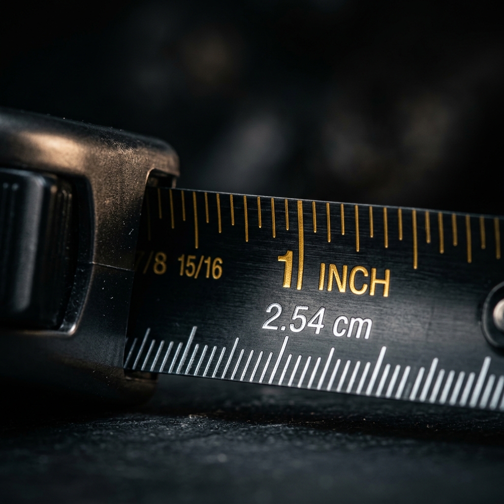Macro shot of a premium tape measure where 1 inch aligns perfectly with 2.54 centimeters