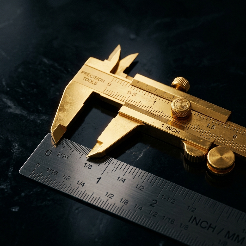 A beautiful golden caliper measuring exactly one inch on a sleek dark metallic ruler