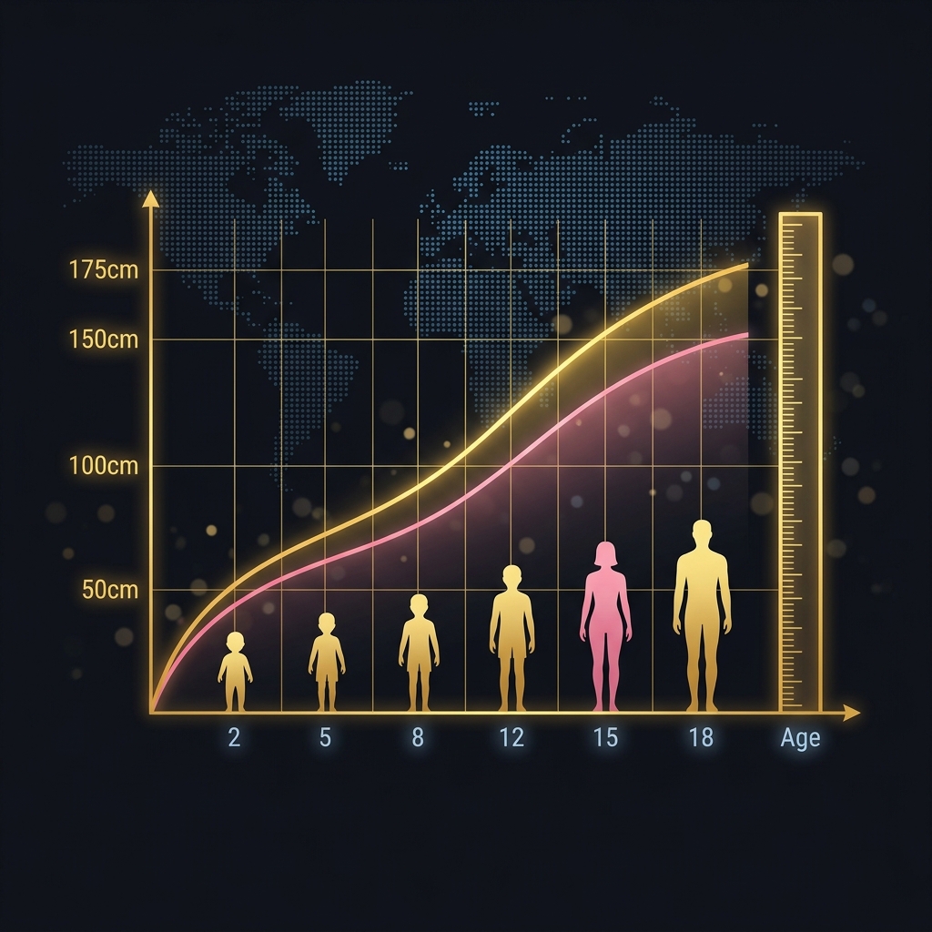 Abstract visualization of a growth curve and height measurement data